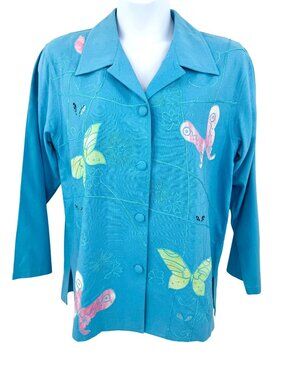 VTG TEAL BLUE CARINA BLUE SILK JACKET w TIE DYE EMBROIDERED BUTTERFLIES & FLORAL